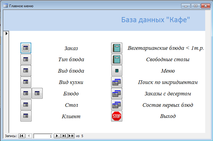 База данных Кафе Access