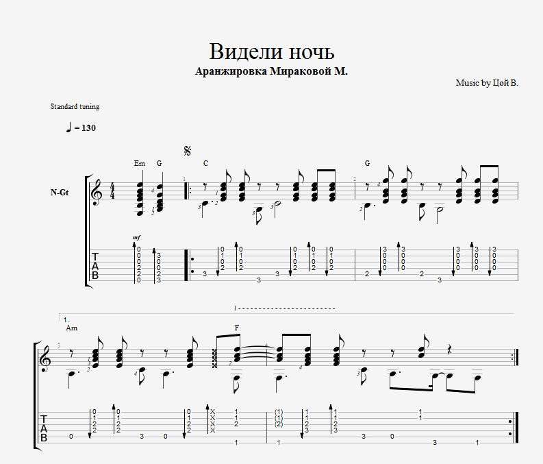 Слова песни цоя ночь. Аранжировка для шестиструнной гитары от Марины Мираковой. Видели ночь табы. Цой видели ночь табы. Видели ночь Ноты.