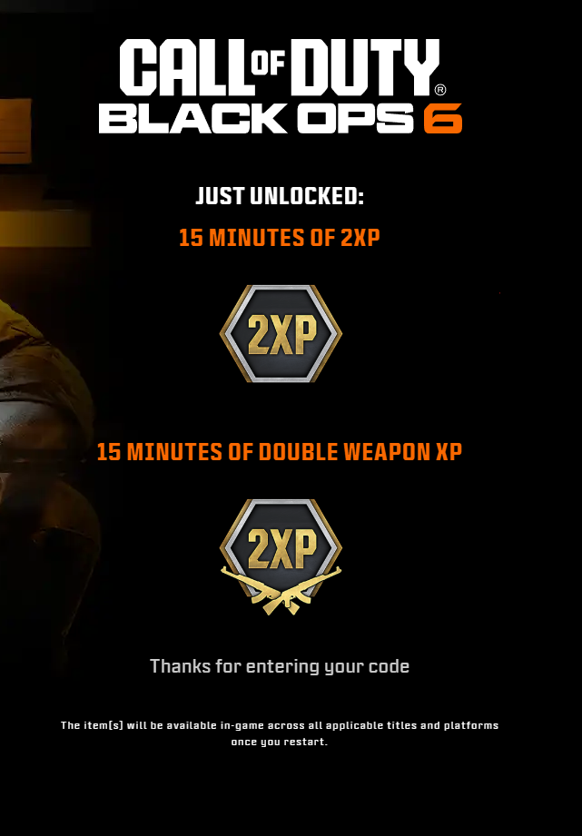 ⚡15 Min Double XP + 15 Min Weapon XP  ⚡CoD BLACKOPS 6 ⚡